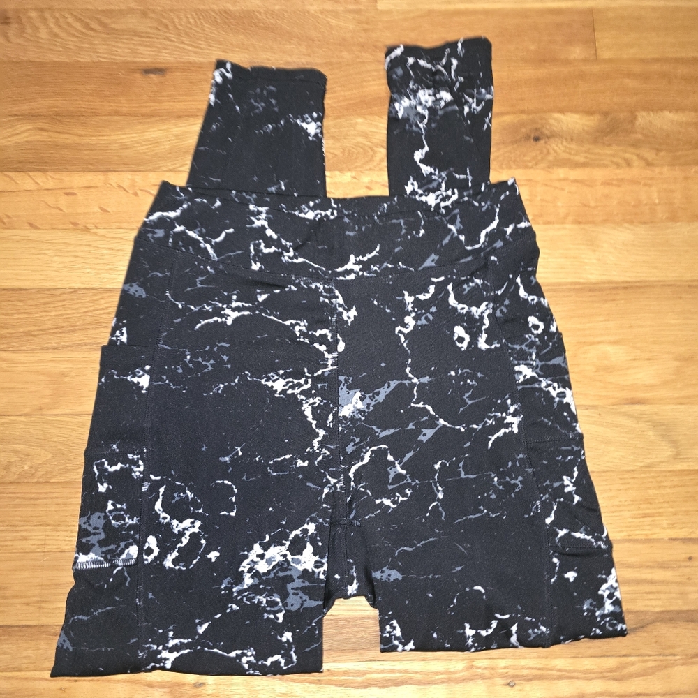 POP Fit Women's Black & White Marble Print Leggings W 2 Side Pockets Size Large - Picture 2 of 7